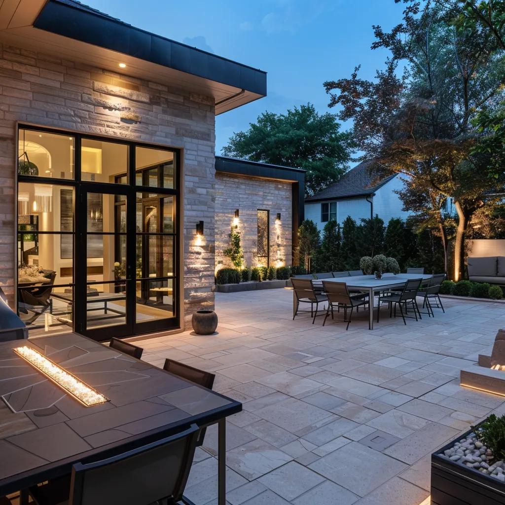 a modern patio showcasing innovative hardscaping designs, featuring sleek stone tiles, contemporary furniture, and artistic lighting, creating a stylish outdoor entertaining space.