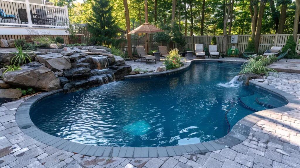 Stunning custom inground pool with waterfall feature and surrounding patio, ideal for outdoor living in Lewes, DE.