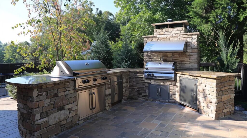 Outdoor kitchen featuring stone construction, stainless steel grill, and countertop, surrounded by greenery, ideal for enhancing outdoor living spaces.