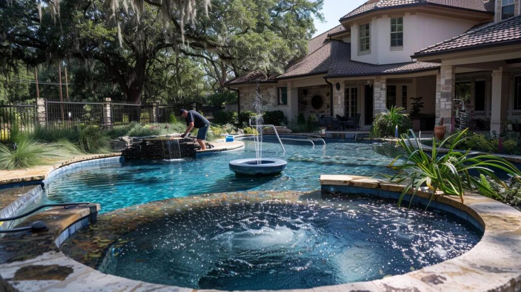 Professional pool and water feature leak inspection scene with technician testing underground plumbing and pool shell using electronic leak detection equipment, upscale outdoor space with spa and fountain, natural lighting, realistic commercial website hero image.